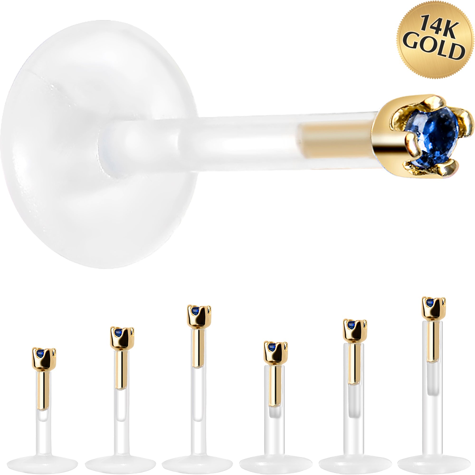 BodyCandy Solid 14K Yellow Gold September 1.5mm CZ Bioplast Push in Labret Monroe — main product shot