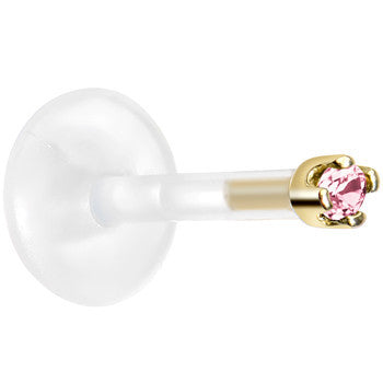 BodyCandy Solid 14K Yellow Gold October 1.5mm CZ Bioplast Push in Labret Monroe — detail close-up