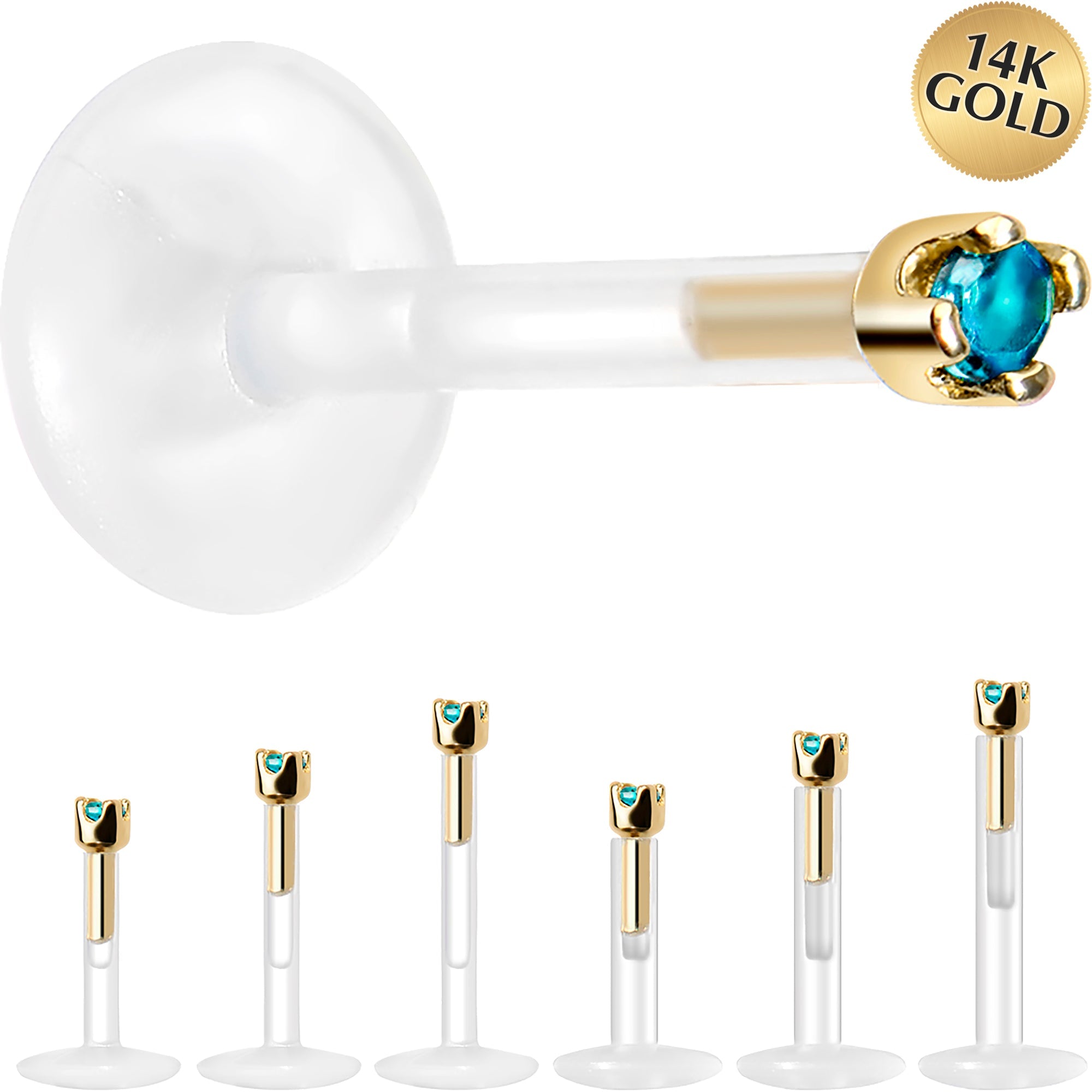 BodyCandy Solid 14K Yellow Gold December 1.5mm CZ Bioplast Push in Labret Monroe — main product shot