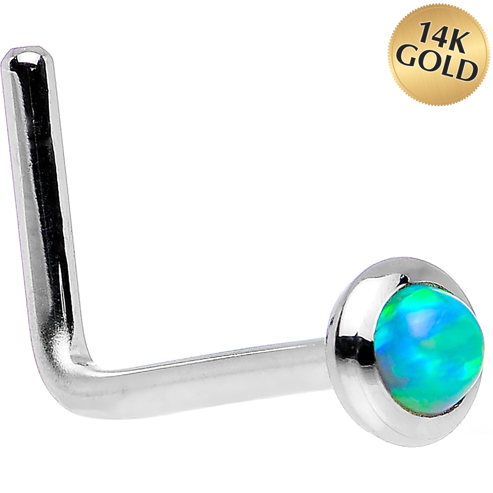 BodyCandy 14k White Gold 2mm Lime Synthetic Opal Nose Ring — side view