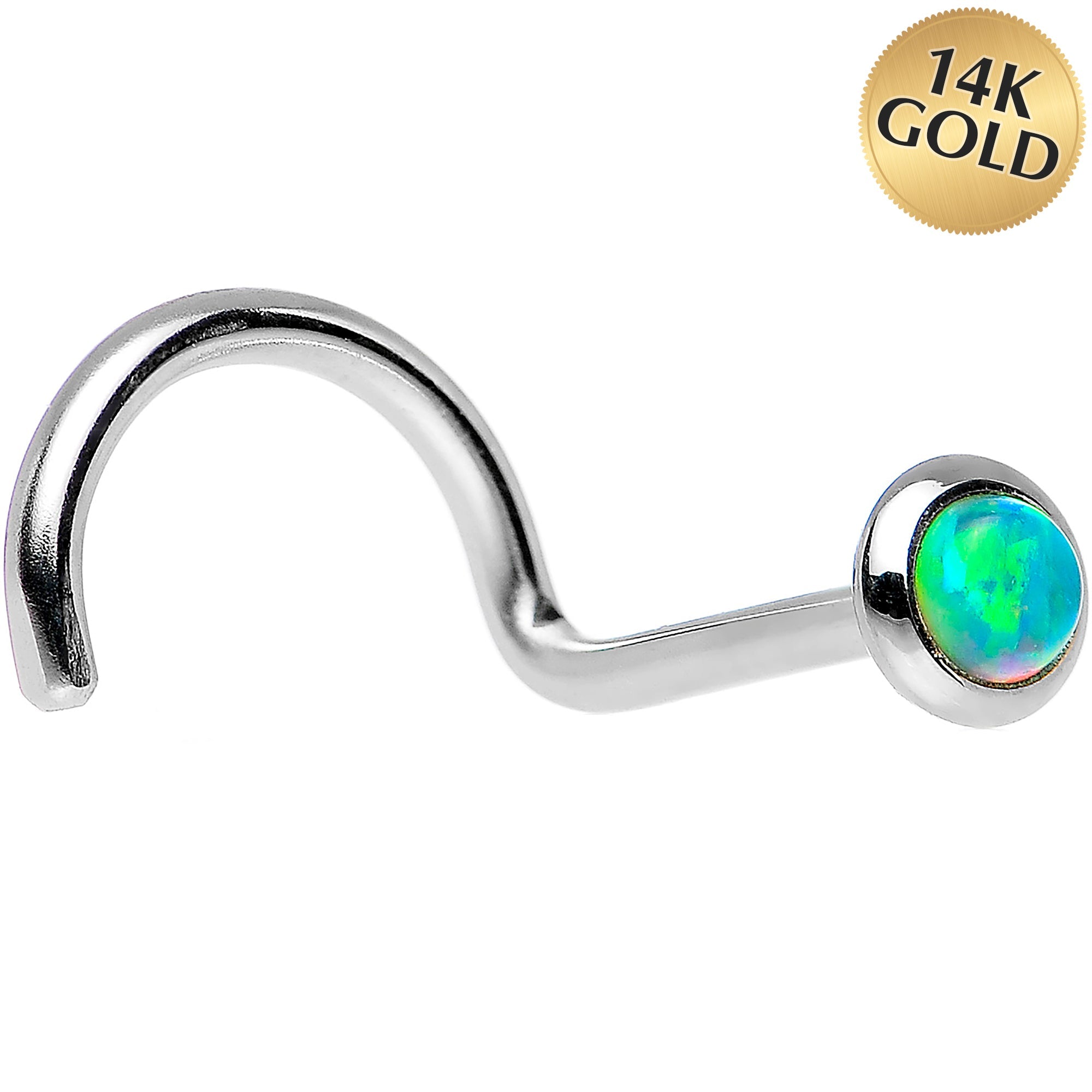 BodyCandy 14k White Gold 2mm Lime Synthetic Opal Nose Ring — detail close-up