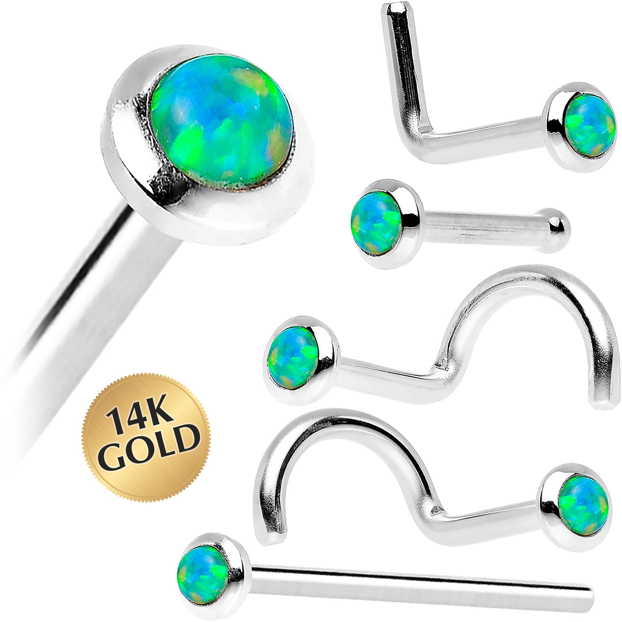 BodyCandy 14k White Gold 2mm Lime Synthetic Opal Nose Ring — main product shot