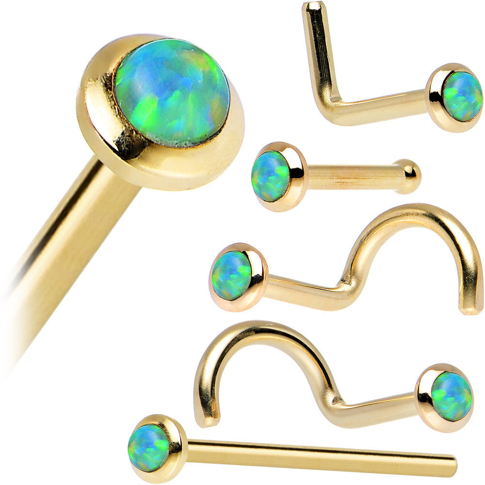 BodyCandy 14k Yellow Gold 2mm Lime Synthetic Opal Nose Ring — in-use photo