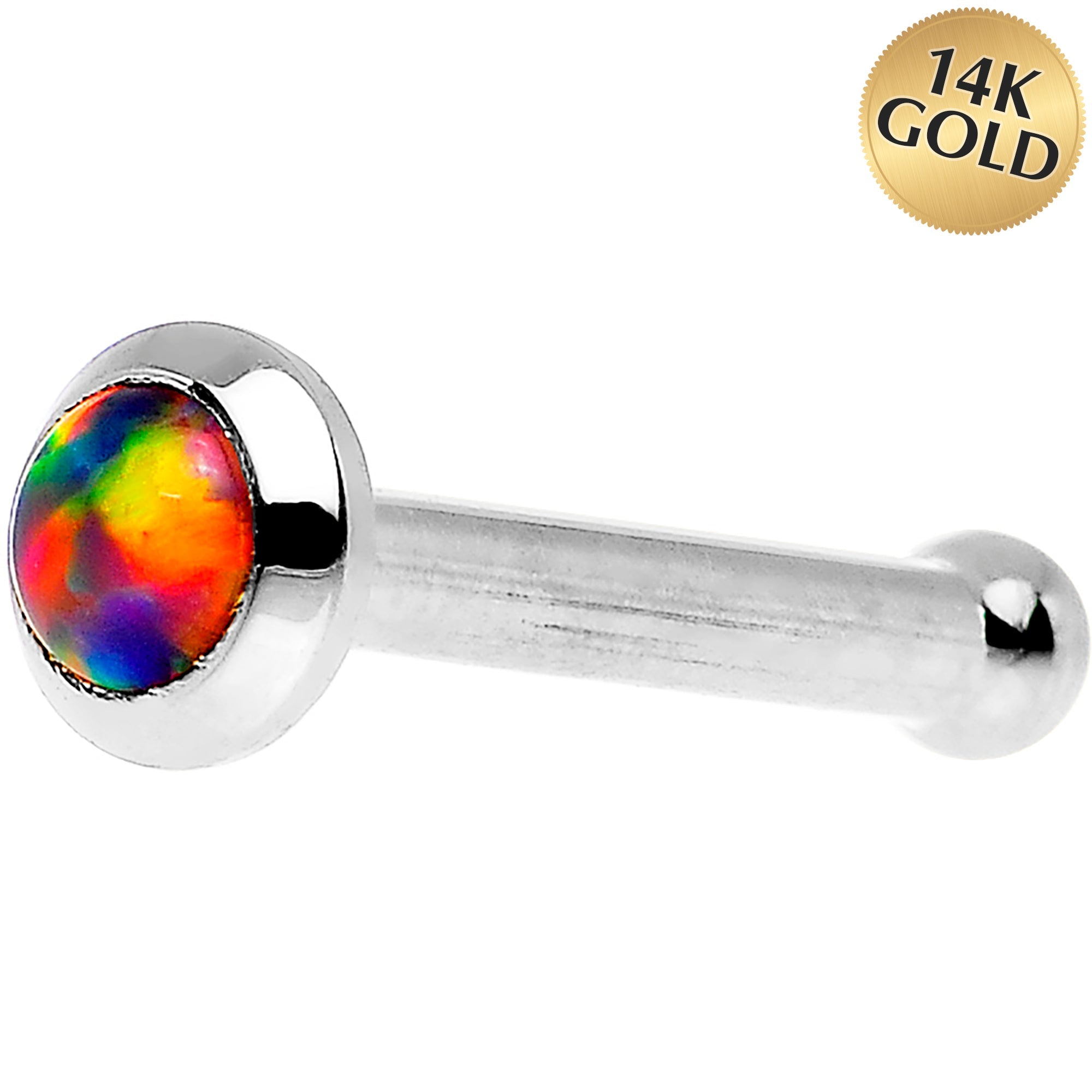 BodyCandy 14k White Gold 2mm Fire Red Synthetic Opal Nose Ring — detail close-up