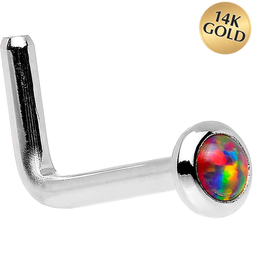 BodyCandy 14k White Gold 2mm Fire Red Synthetic Opal Nose Ring — side view