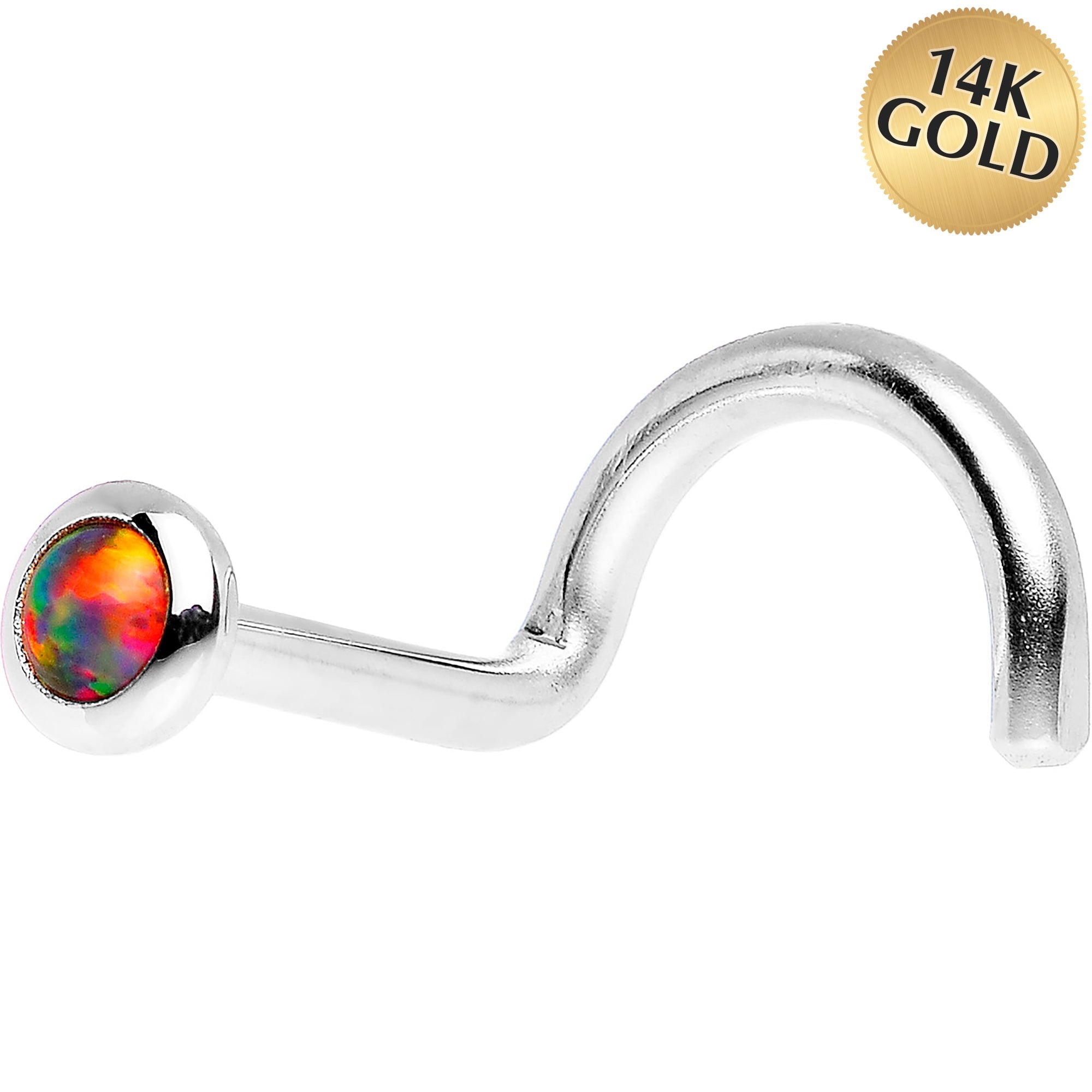BodyCandy 14k White Gold 2mm Fire Red Synthetic Opal Nose Ring — back view