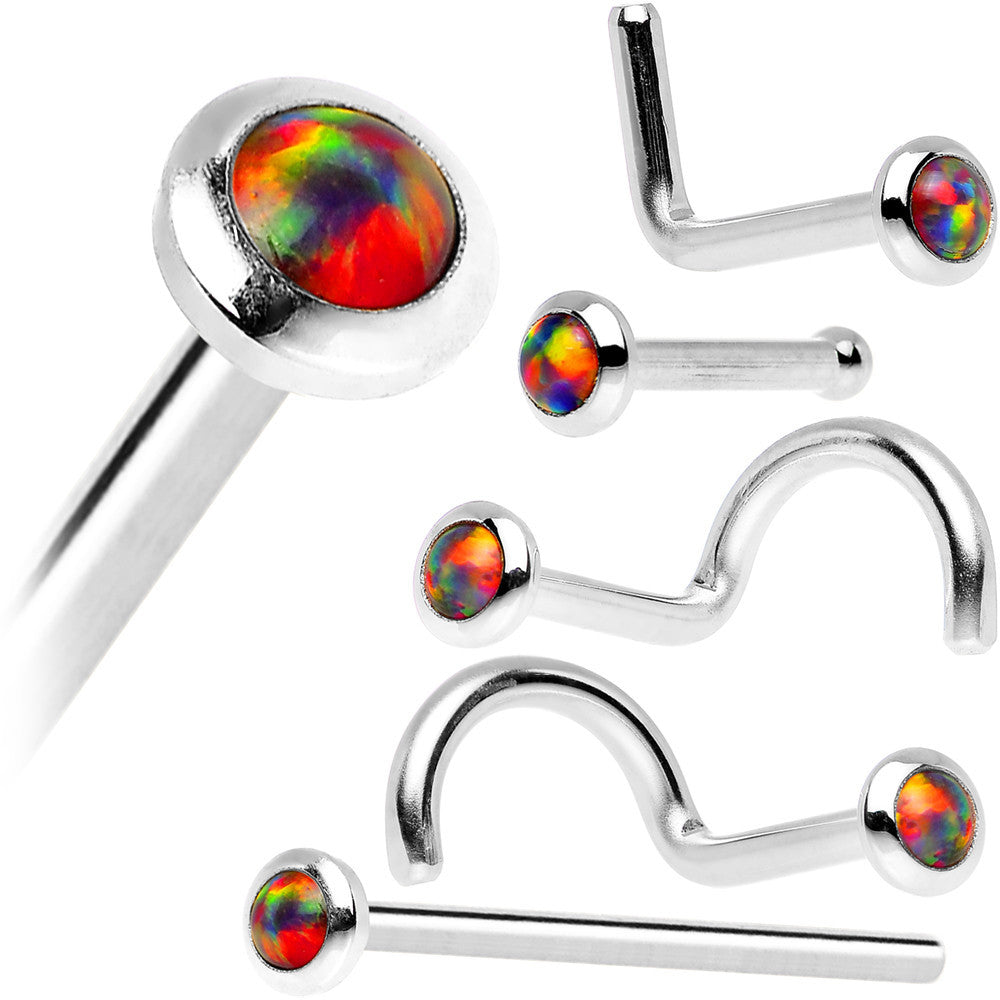 BodyCandy 14k White Gold 2mm Fire Red Synthetic Opal Nose Ring — in-use photo