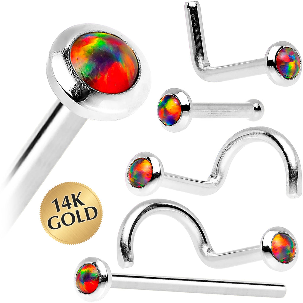 BodyCandy 14k White Gold 2mm Fire Red Synthetic Opal Nose Ring — main product shot
