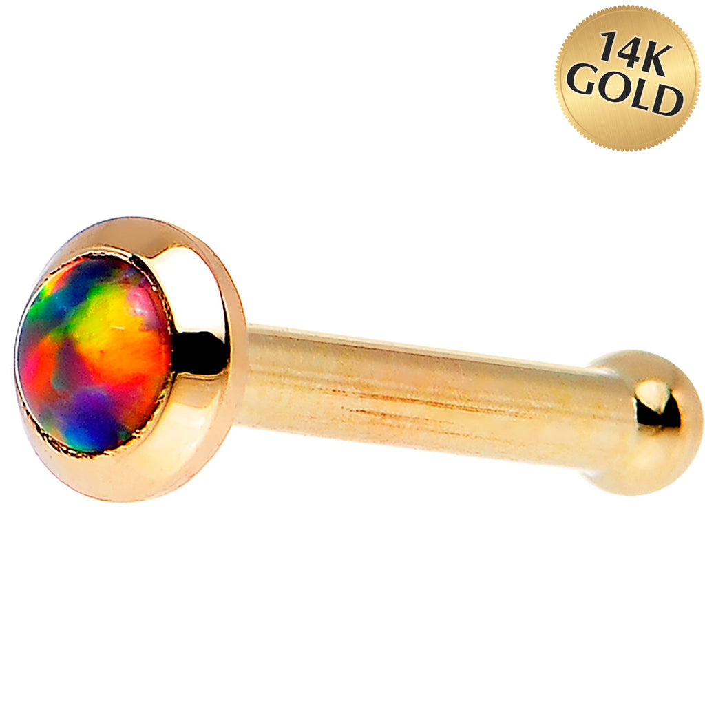 BodyCandy 14k Yellow Gold 2mm Fire Red Synthetic Opal Nose Ring — detail close-up
