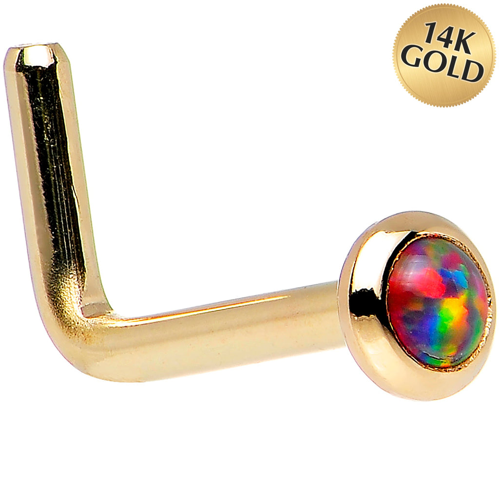 BodyCandy 14k Yellow Gold 2mm Fire Red Synthetic Opal Nose Ring — side view