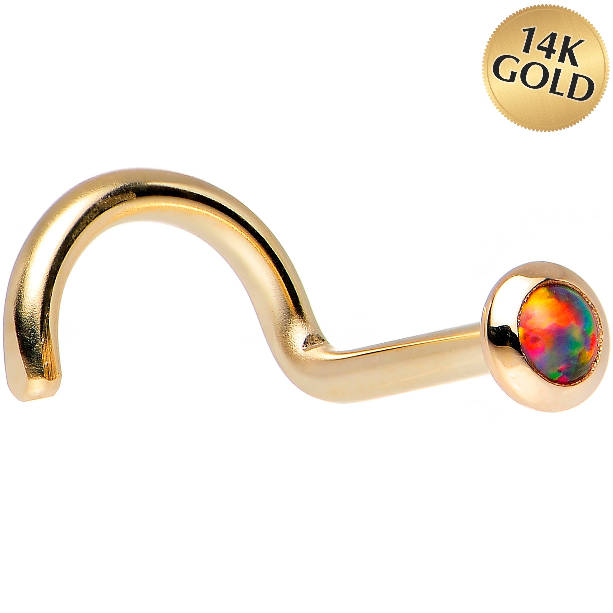 BodyCandy 14k Yellow Gold 2mm Fire Red Synthetic Opal Nose Ring — back view