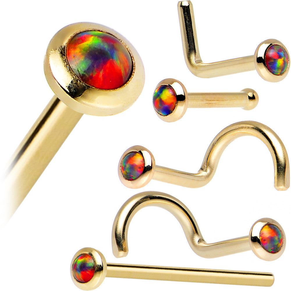 BodyCandy 14k Yellow Gold 2mm Fire Red Synthetic Opal Nose Ring — in-use photo