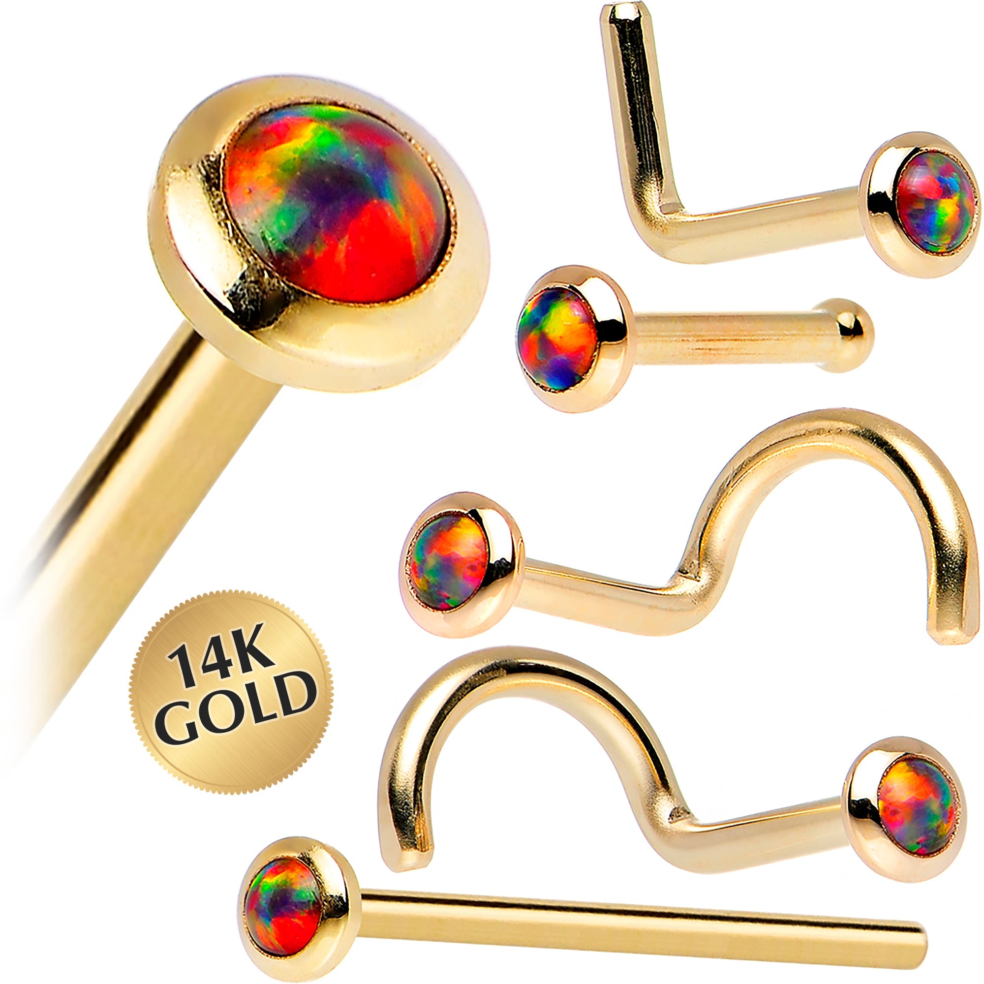 BodyCandy 14k Yellow Gold 2mm Fire Red Synthetic Opal Nose Ring — main product shot