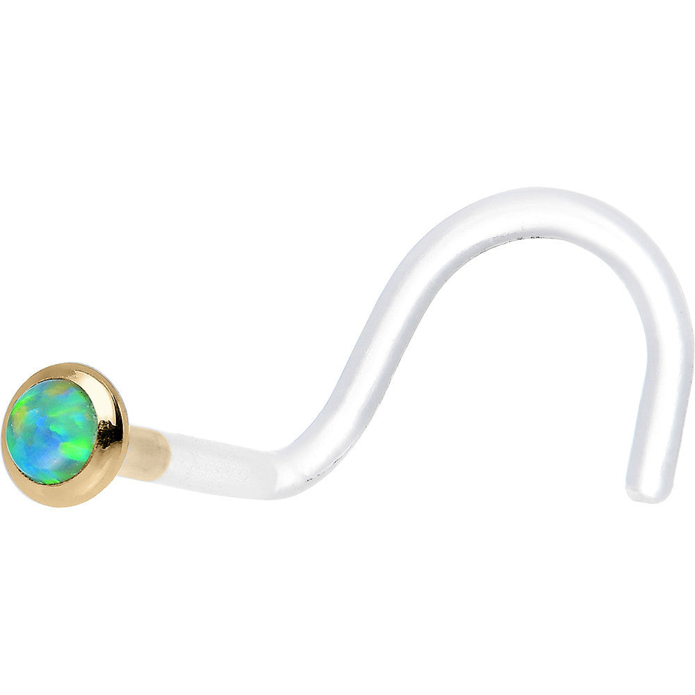 BodyCandy 18G Yellow Gold 2mm Lime Synthetic Opal Bioplast Nose Ring — detail close-up