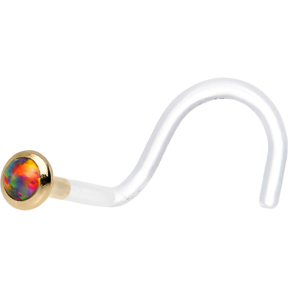 BodyCandy 18G Yellow Gold 2mm Fire Red Synthetic Opal Bioplast Nose Ring — detail close-up