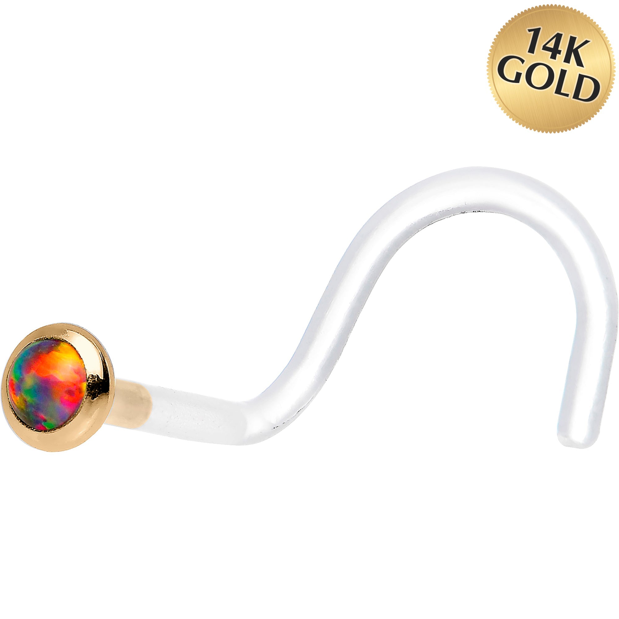 BodyCandy 18G Yellow Gold 2mm Fire Red Synthetic Opal Bioplast Nose Ring — main product shot