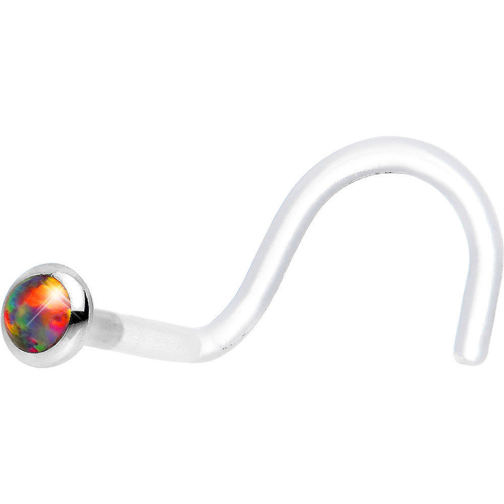 BodyCandy 18G White Gold 2mm Fire Red Synthetic Opal Bioplast Nose Ring — detail close-up