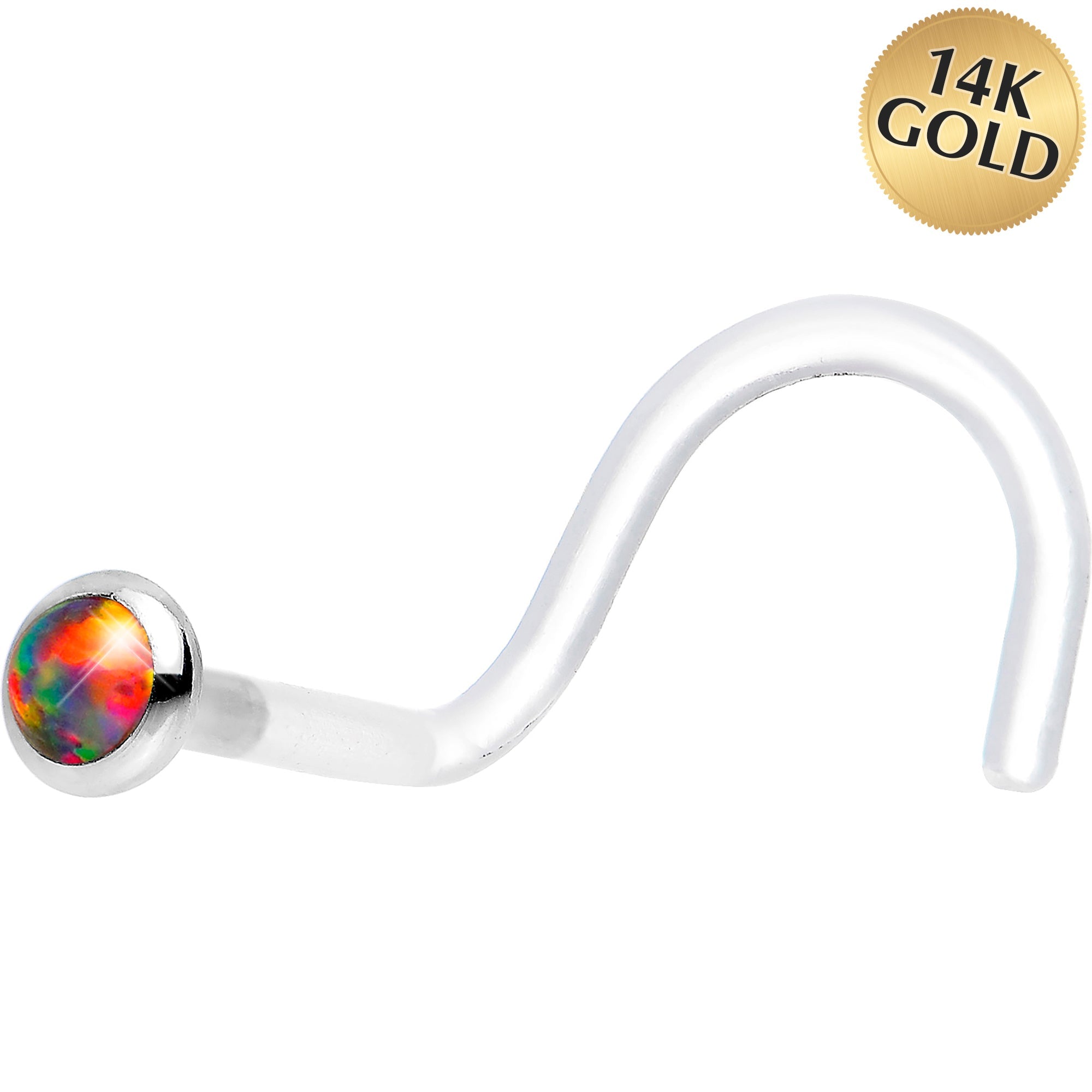 BodyCandy 18G White Gold 2mm Fire Red Synthetic Opal Bioplast Nose Ring — main product shot