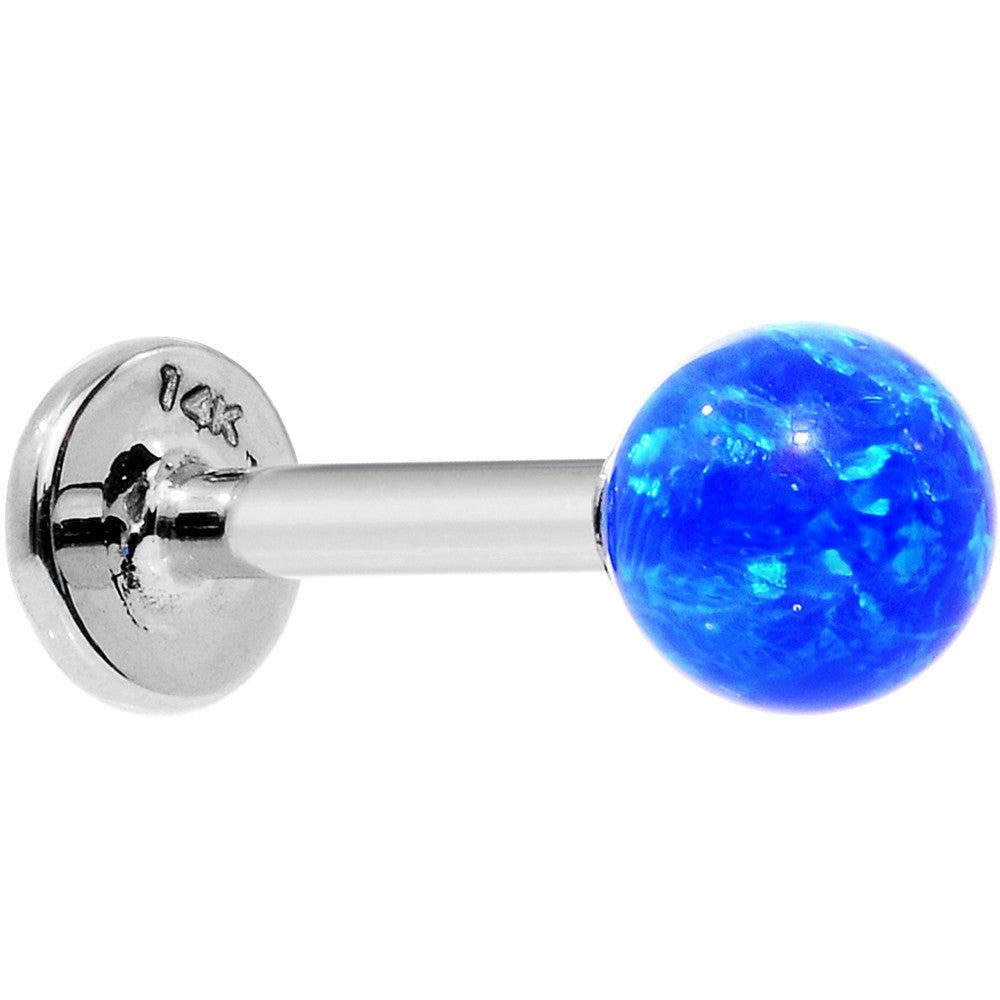 BodyCandy 14k White Gold 5mm Blue Synthetic Opal Labret Monroe 14G 5/16 — detail close-up