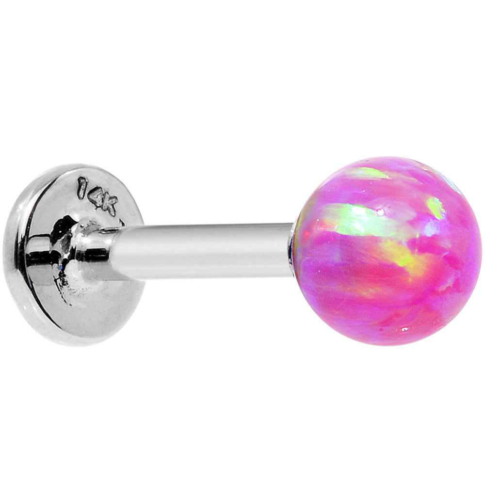 BodyCandy 14k White Gold 5mm Pink Synthetic Opal Labret Monroe 14G 5/16 — detail close-up