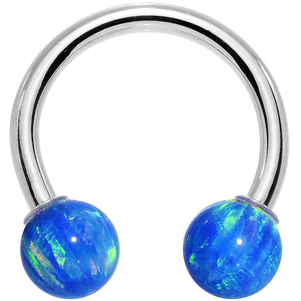 BodyCandy 14G Solid 14K White Gold Blue Synthetic Opal Horseshoe Barbell — detail close-up