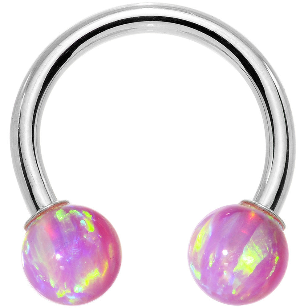 BodyCandy 14G Solid 14K White Gold Pink Synthetic Opal Horseshoe Barbell — detail close-up