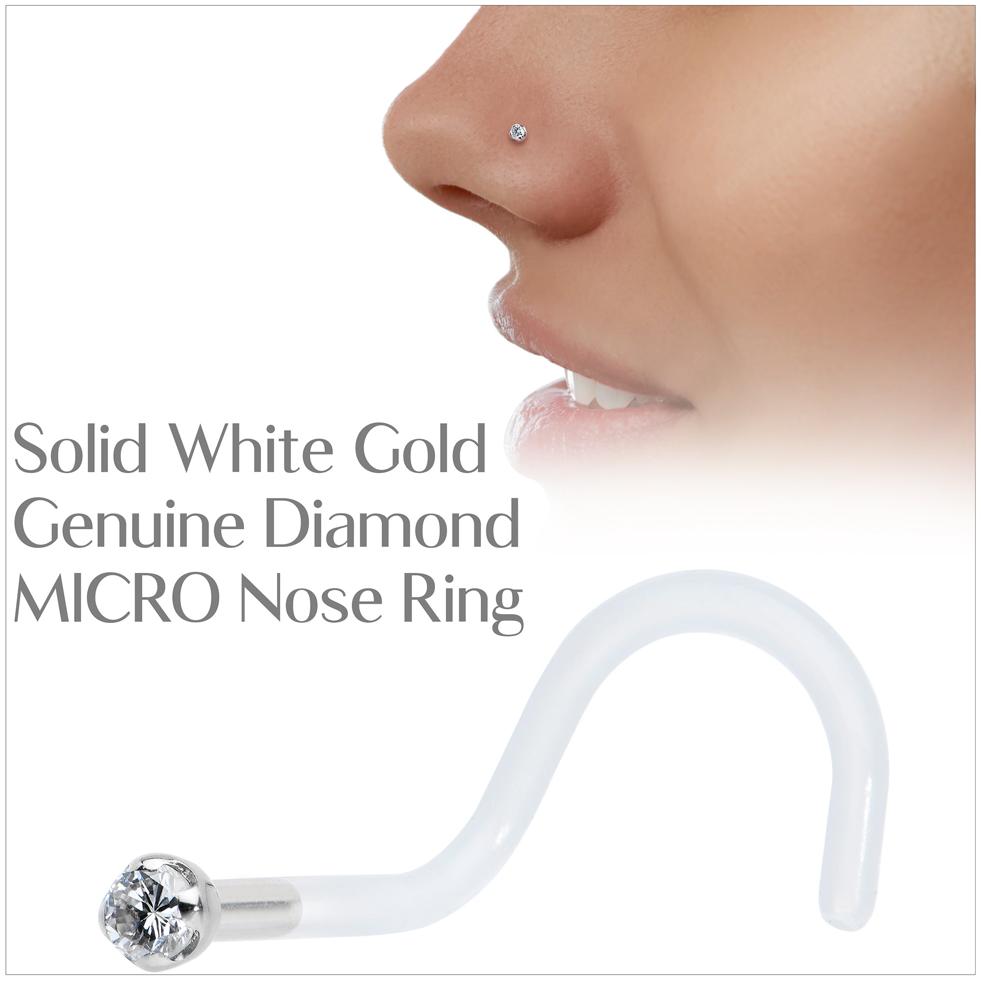 BodyCandy 18G 14K White Gold 1.5mm Genuine Diamond Bioplast Micro Nose Ring — back view