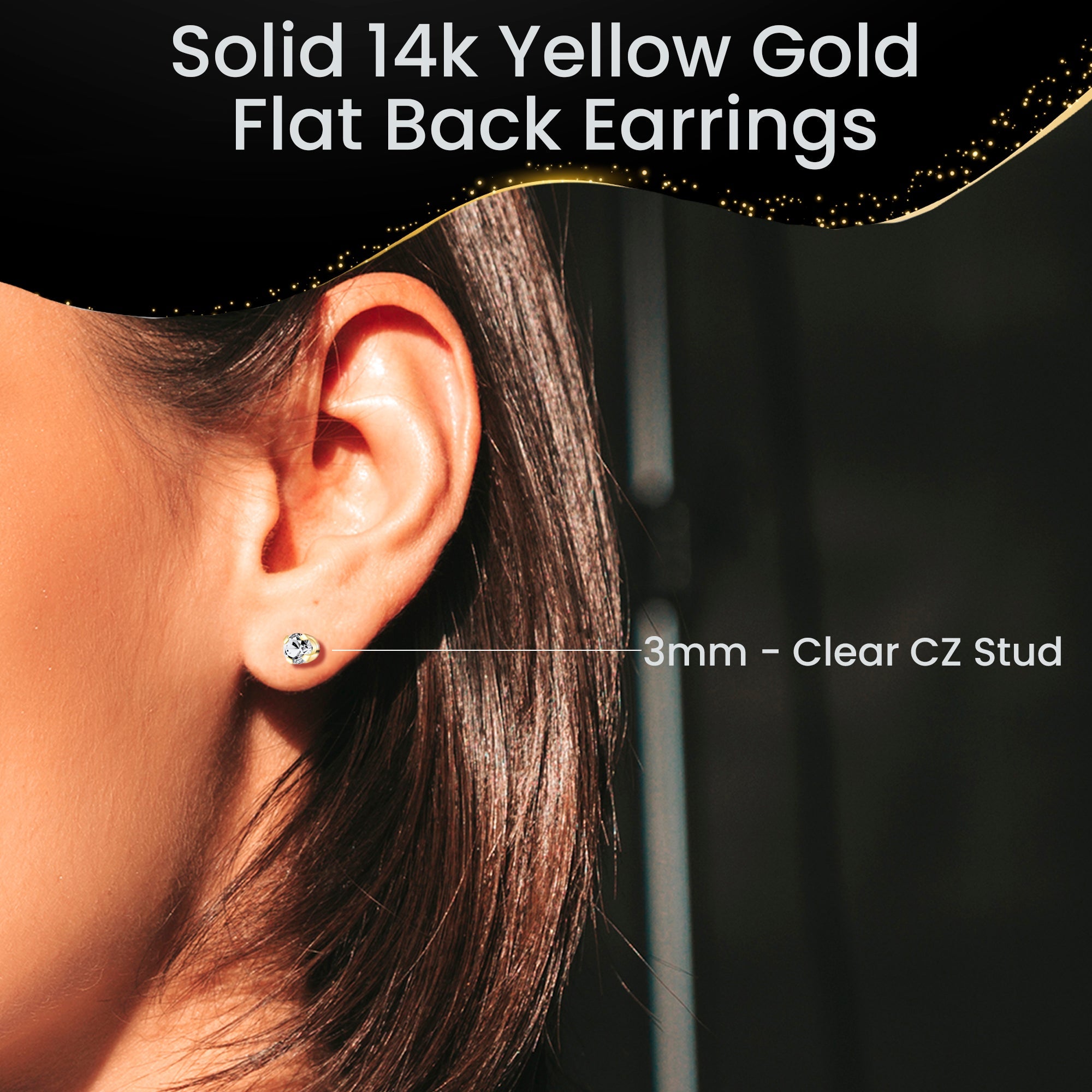BodyCandy 14k Yellow Gold Flat Back Earring with 3mm Cubic Zirconia Handmade — back view