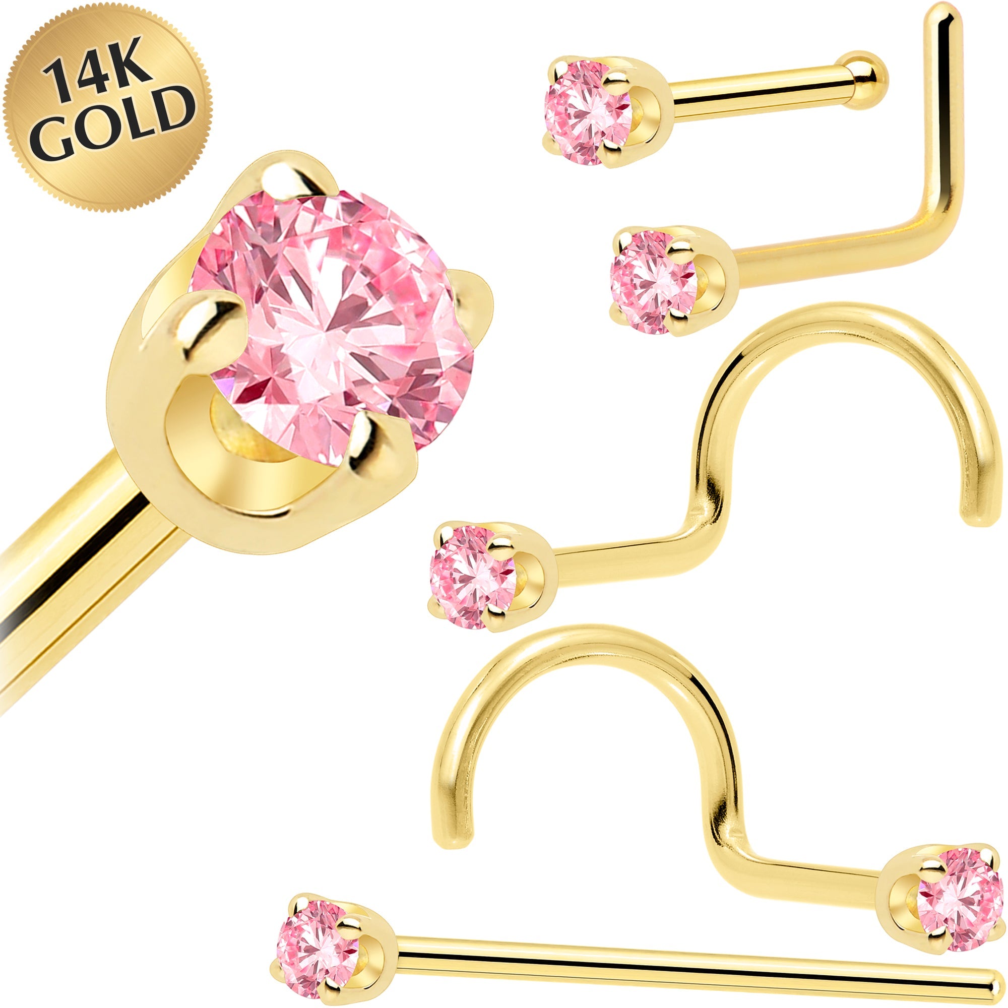 BodyCandy 14k Yellow Gold 2mm Lab Grown Pink Diamond Nose Ring — main product shot