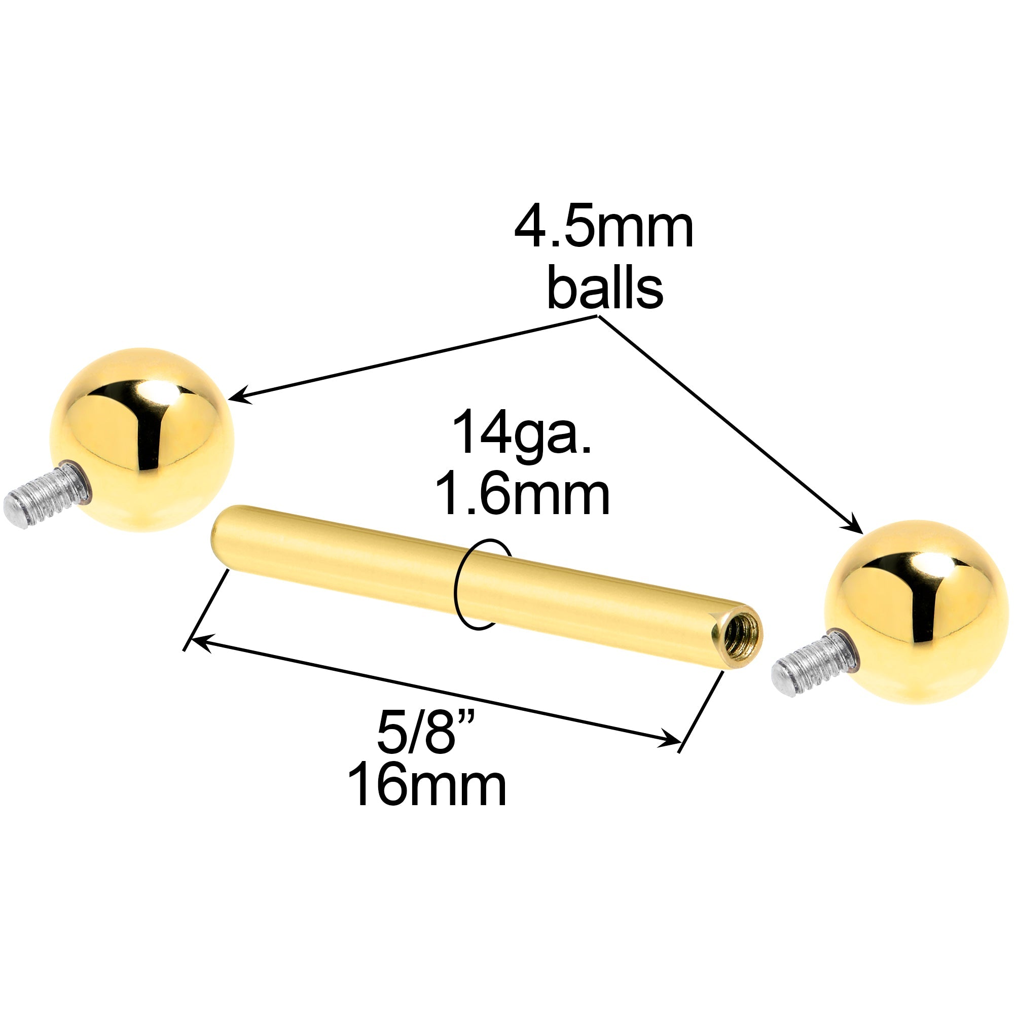 BodyCandy 14k Solid Gold Ball Internally Threaded Barbell Tongue Ring — side view