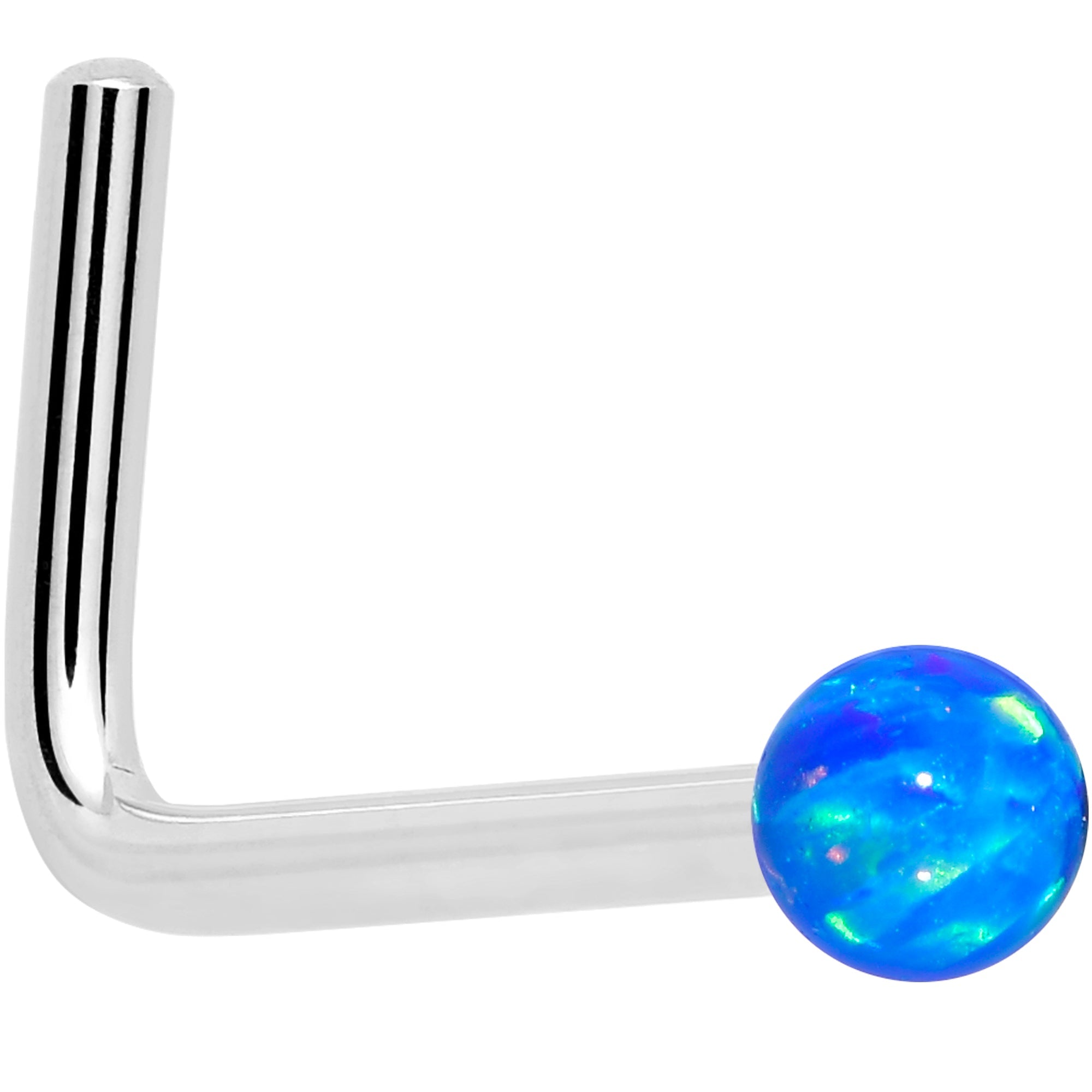 BodyCandy 14k White Gold 2.5mm Blue Synthetic Opal Ball Nose Ring — color detail