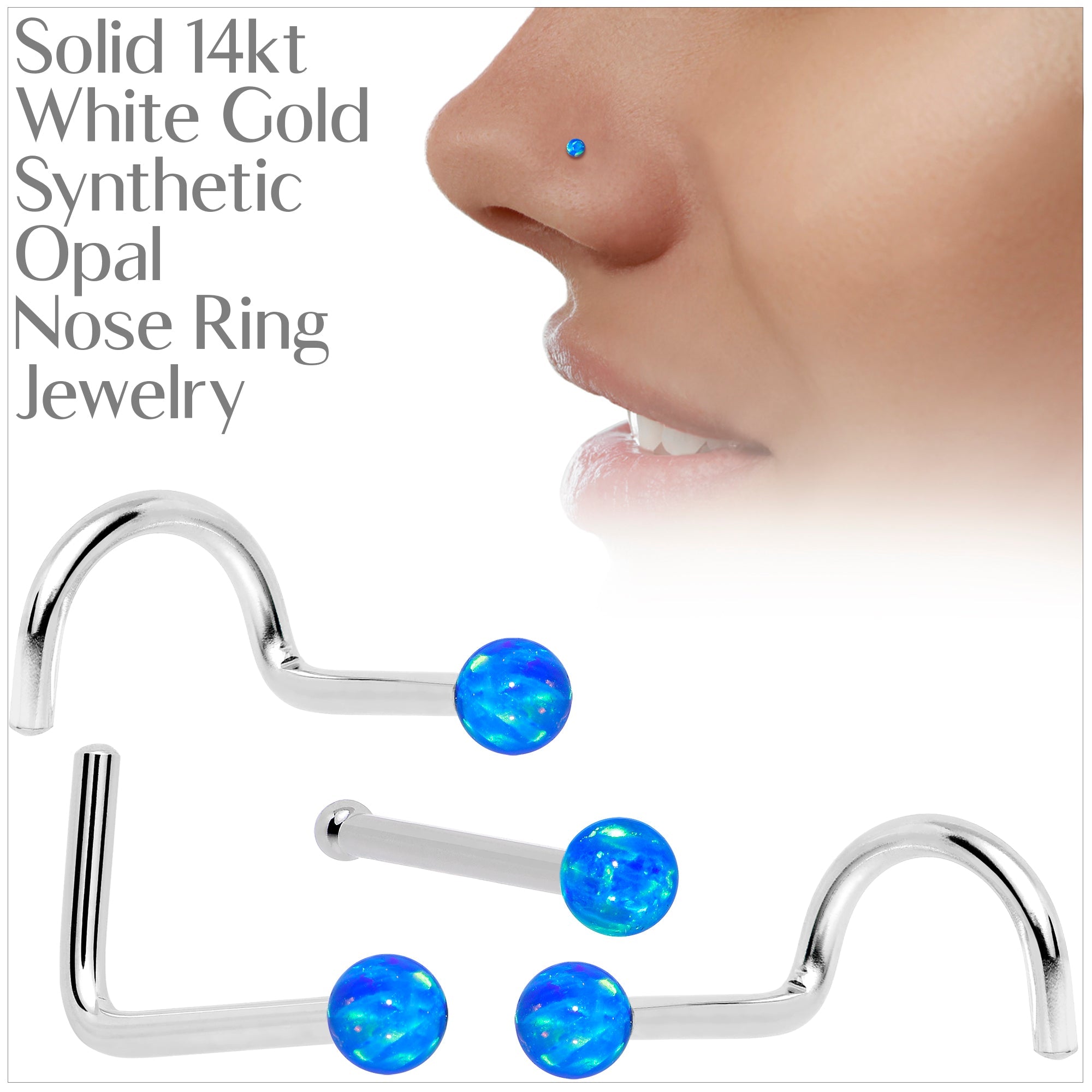 BodyCandy 14k White Gold 2.5mm Blue Synthetic Opal Ball Nose Ring — lifestyle context