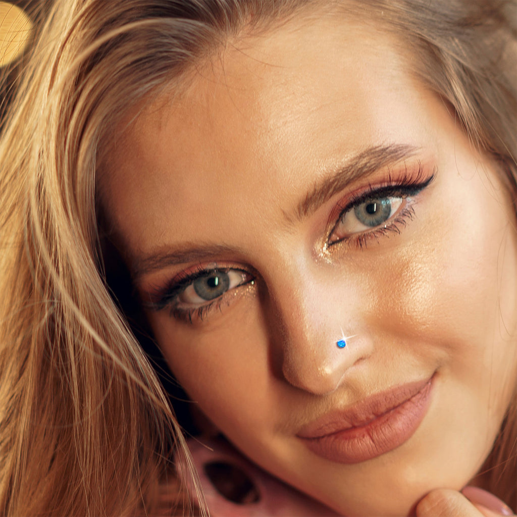 BodyCandy 14k White Gold 2.5mm Blue Synthetic Opal Ball Nose Ring — side view