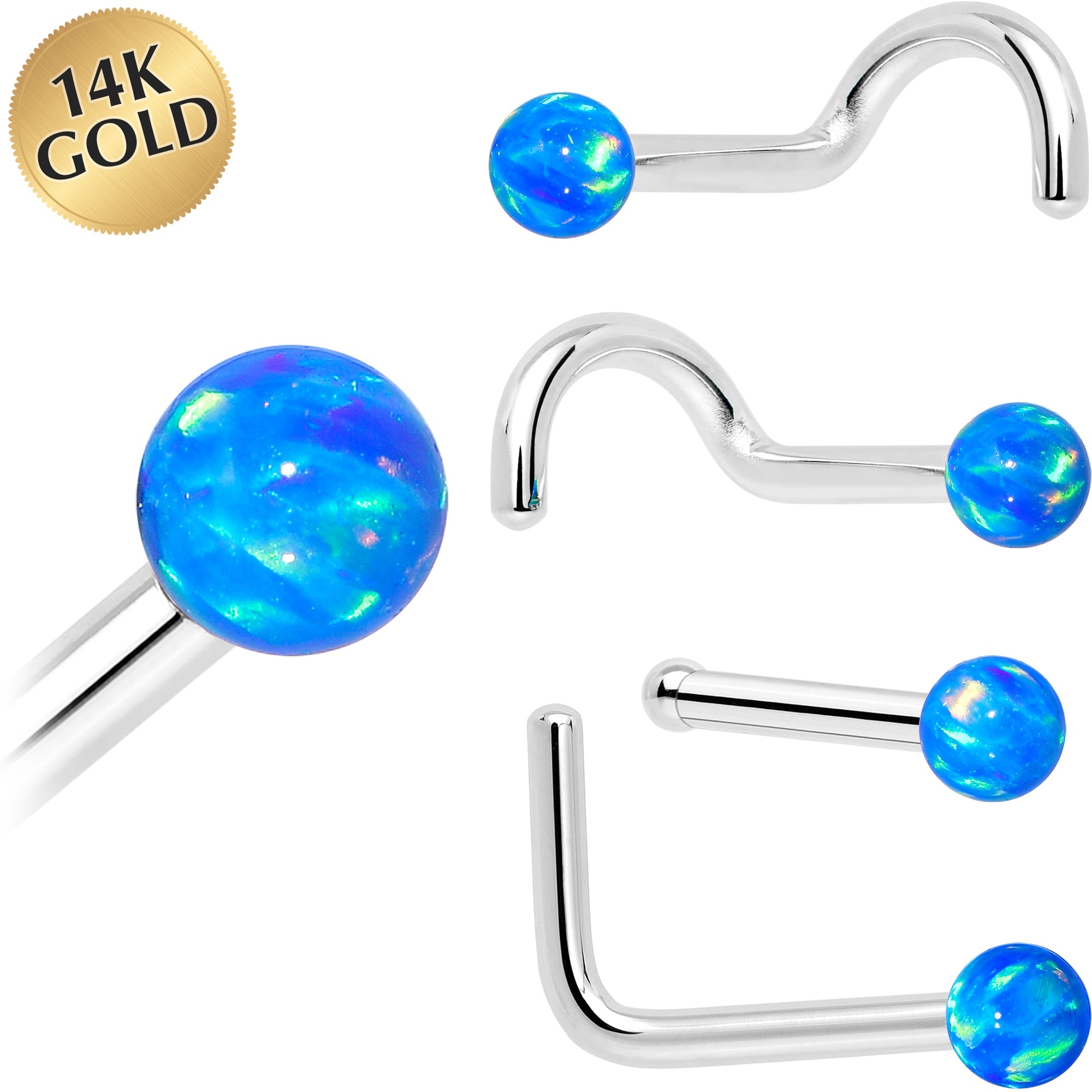 BodyCandy 14k White Gold 2.5mm Blue Synthetic Opal Ball Nose Ring — main product shot