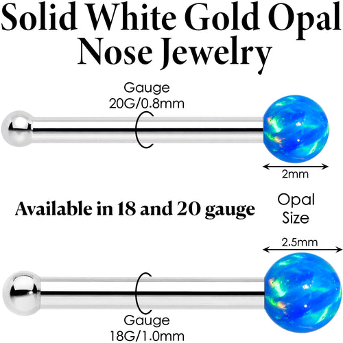 BodyCandy 14k White Gold 2.5mm Blue Synthetic Opal Ball Nose Ring — detail close-up