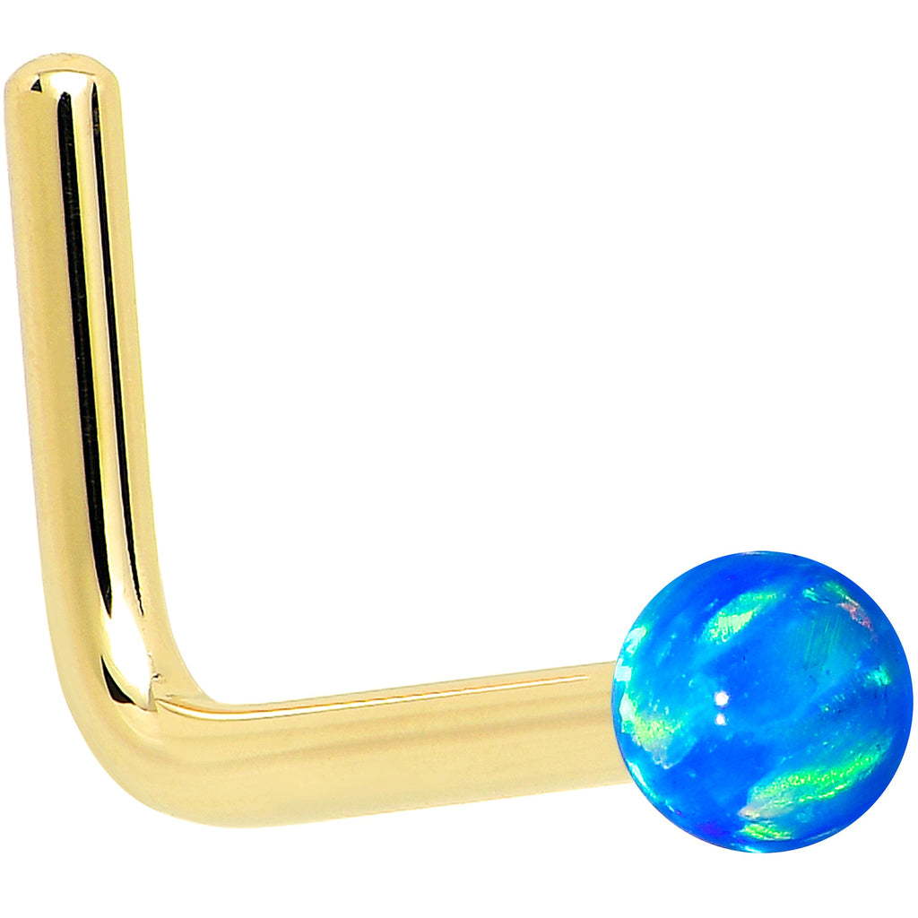 BodyCandy 14k Yellow Gold 2.5mm Blue Synthetic Opal Ball Nose Ring — back view