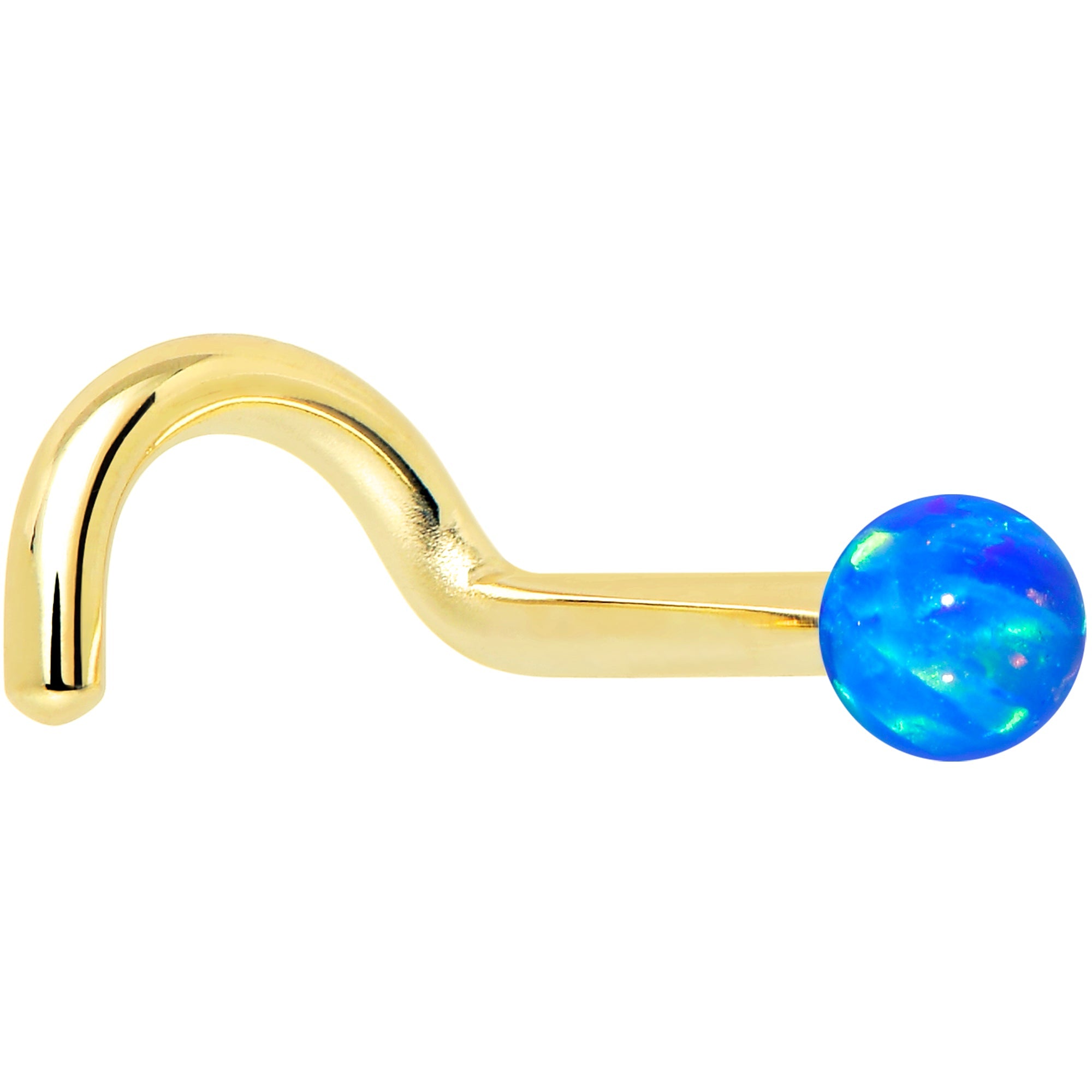 BodyCandy 14k Yellow Gold 2.5mm Blue Synthetic Opal Ball Nose Ring — in-use photo