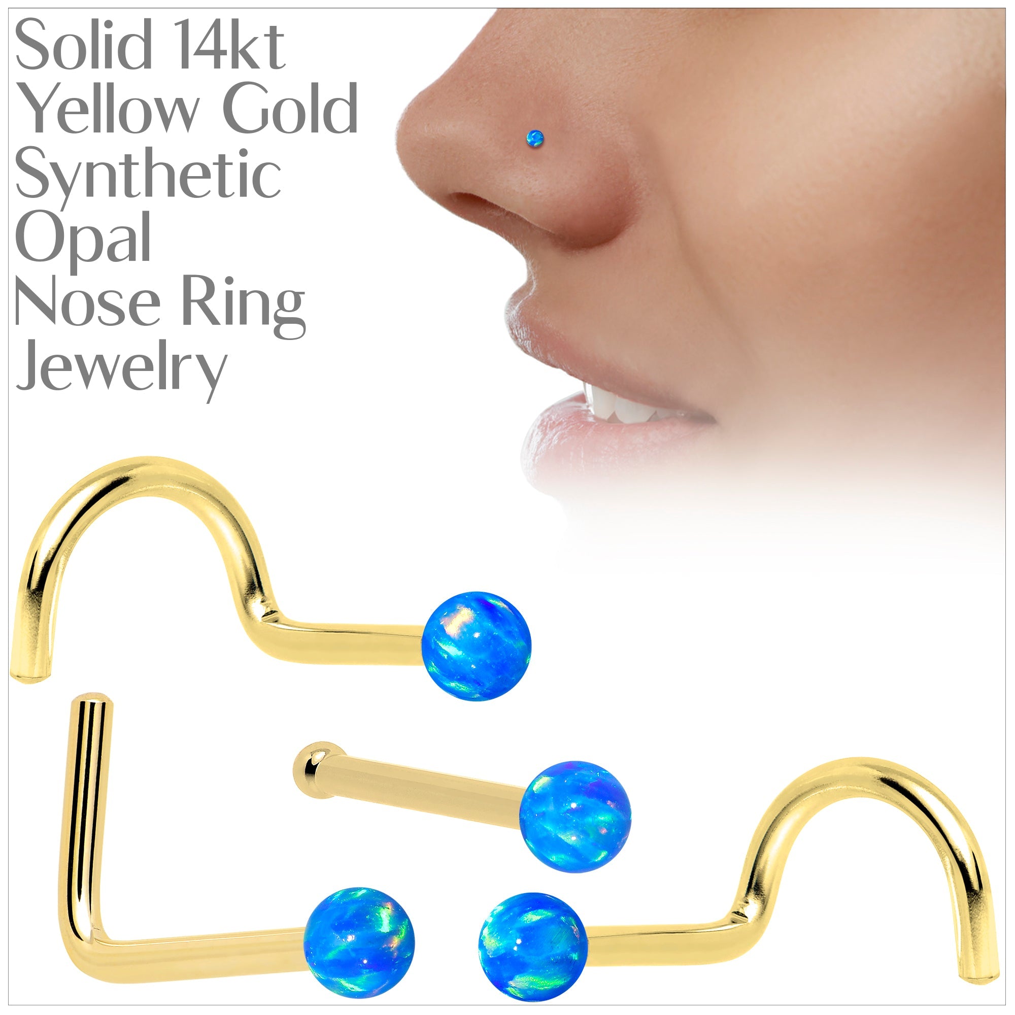 BodyCandy 14k Yellow Gold 2.5mm Blue Synthetic Opal Ball Nose Ring — lifestyle context