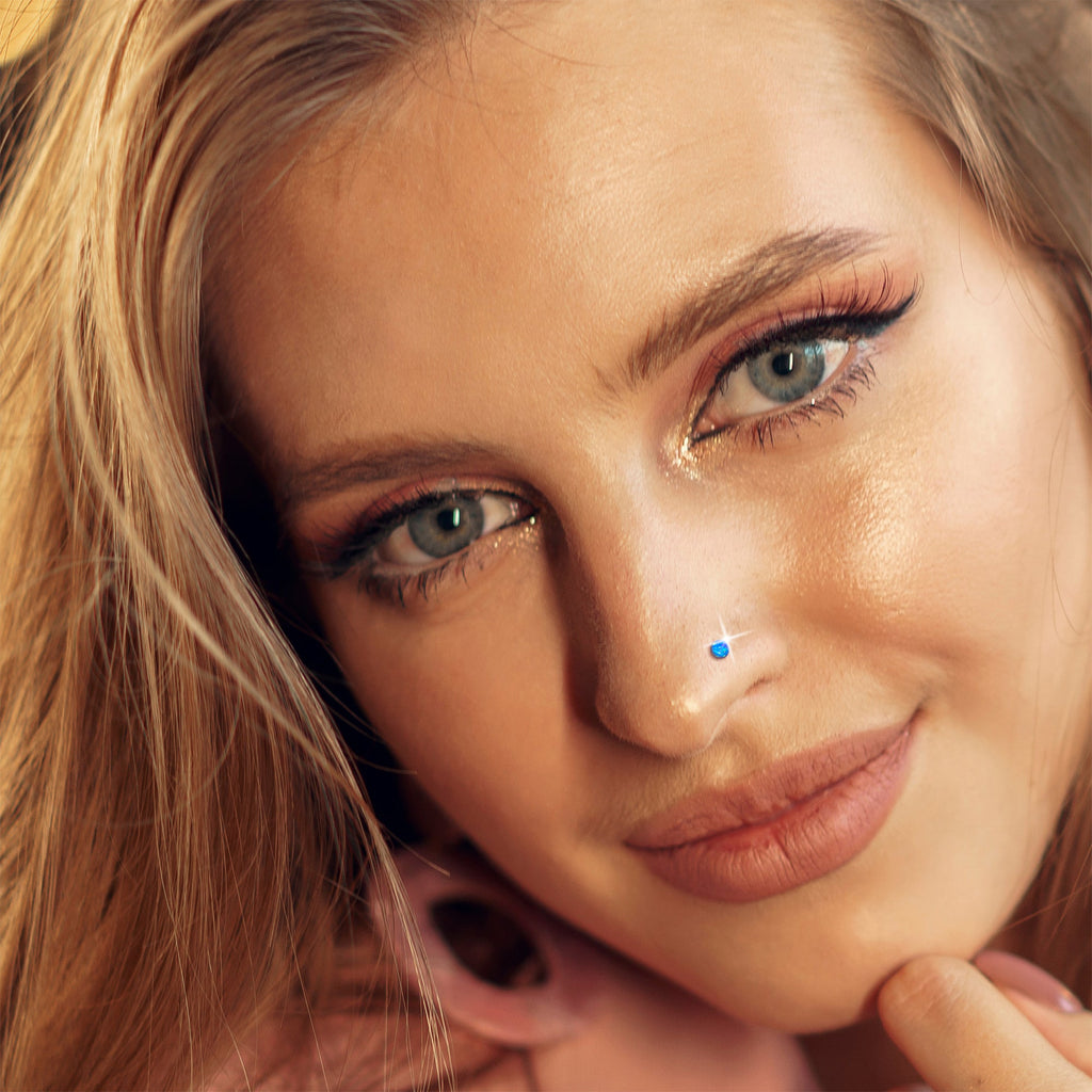 BodyCandy 14k Yellow Gold 2.5mm Blue Synthetic Opal Ball Nose Ring — side view