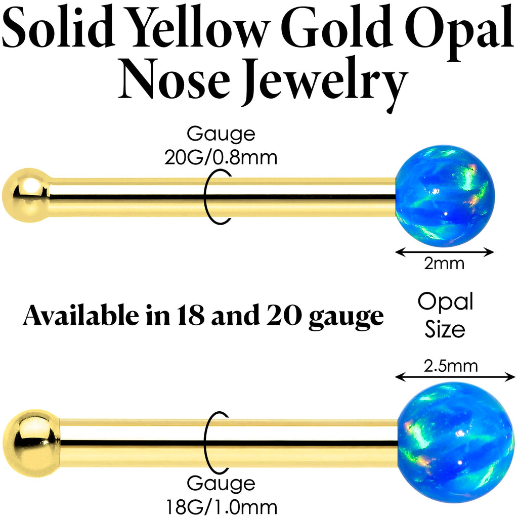 BodyCandy 14k Yellow Gold 2.5mm Blue Synthetic Opal Ball Nose Ring — detail close-up