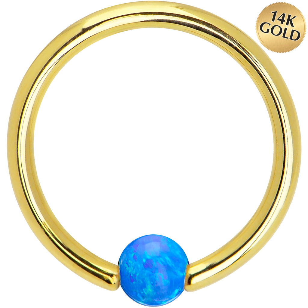 BodyCandy 14G 3/8 Solid 14K Gold Blue Synthetic Opal Captive Ring — main product shot
