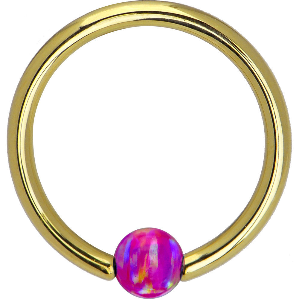 BodyCandy 14G 3/8 Solid 14K Gold Purple Synthetic Opal Captive Ring — detail close-up