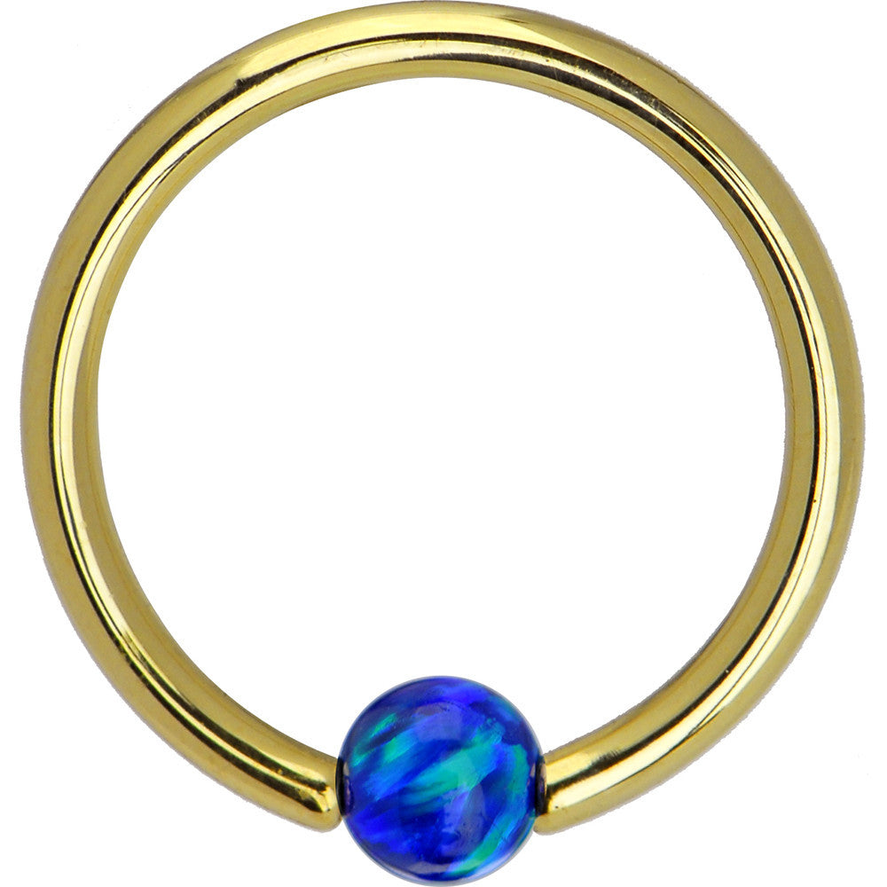 BodyCandy 14G 3/8 Solid 14K Gold Dark Blue Synthetic Opal Captive Ring — detail close-up