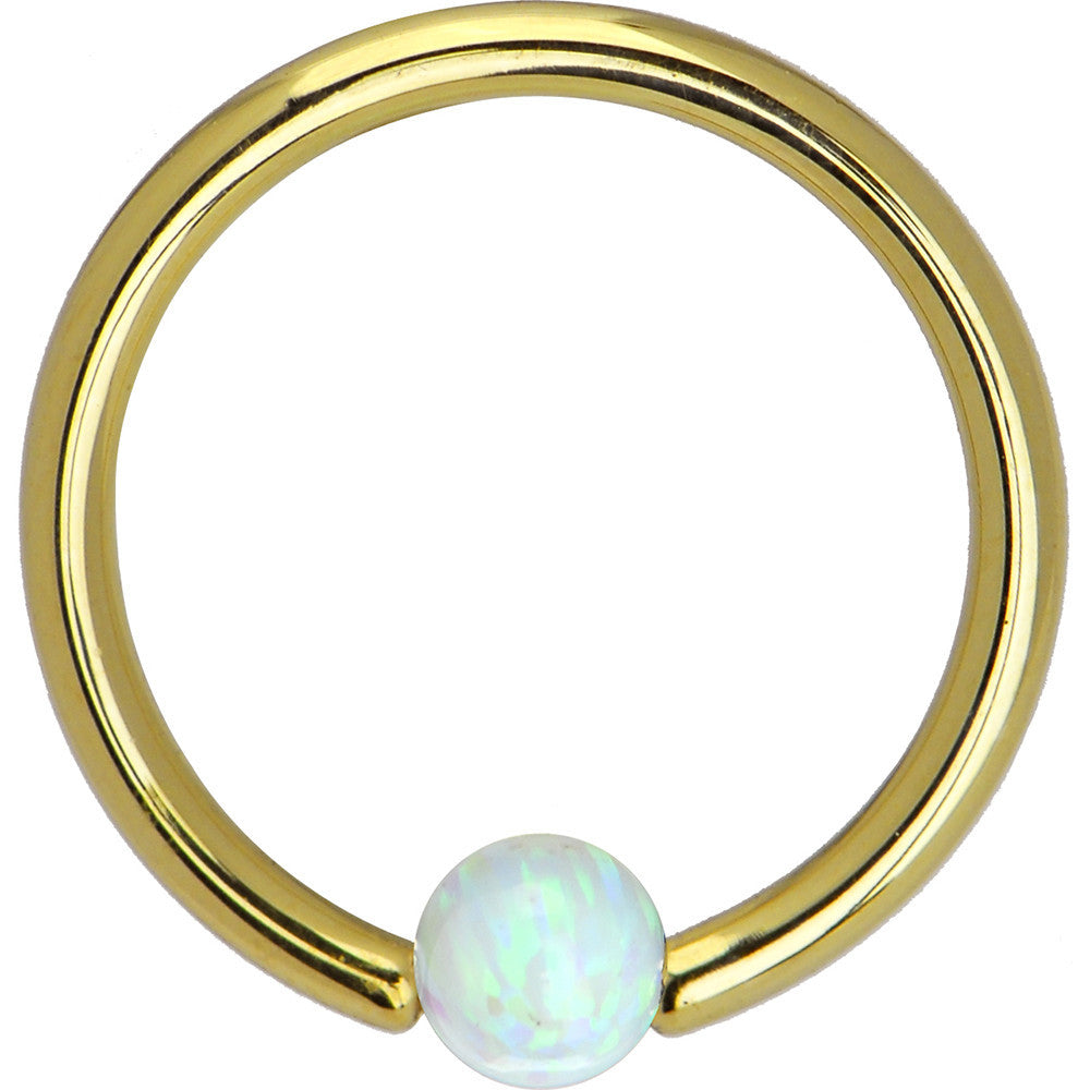 BodyCandy 14G 3/8 Solid 14K Yellow Gold White Synthetic Opal Captive Ring — detail close-up