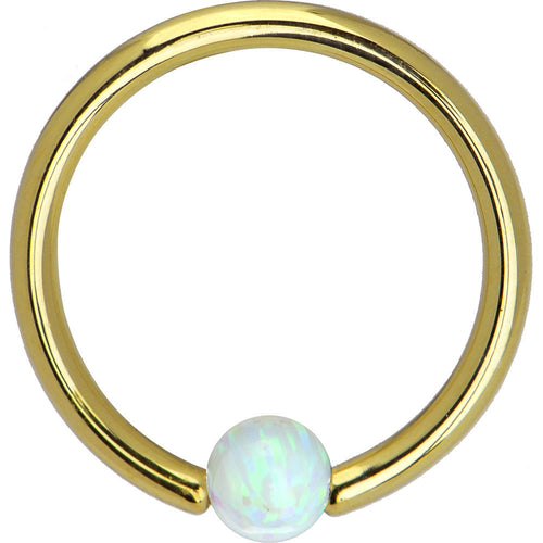 BodyCandy 14G 3/8 Solid 14K Yellow Gold White Synthetic Opal Captive Ring — detail close-up