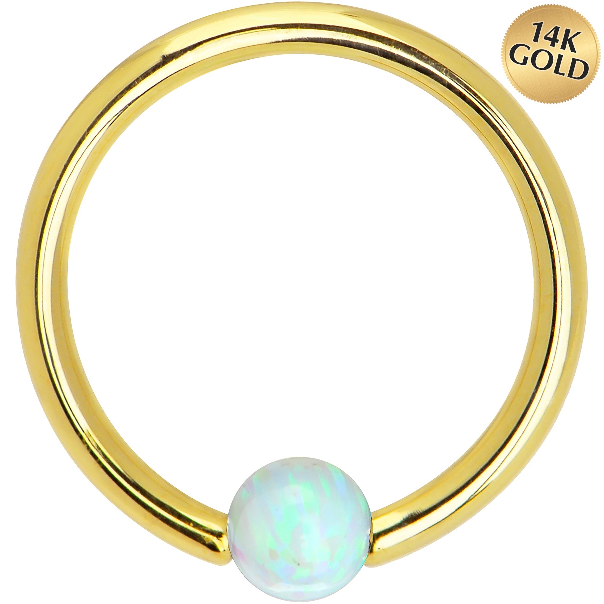 BodyCandy 14G 3/8 Solid 14K Yellow Gold White Synthetic Opal Captive Ring — main product shot
