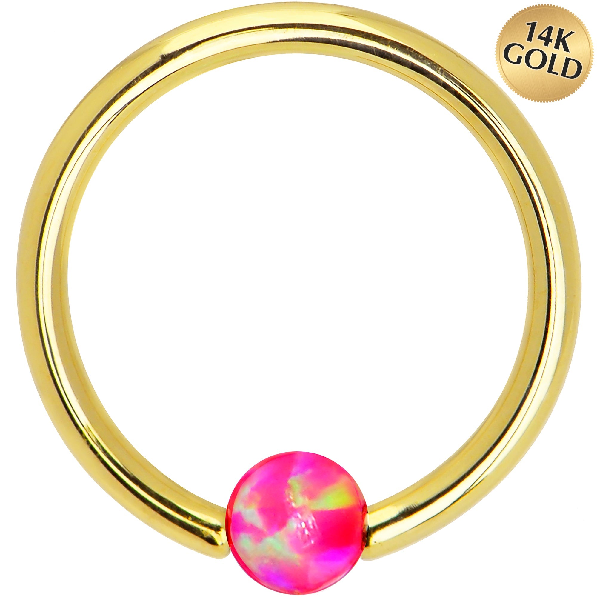 BodyCandy 14G 3/8 Solid 14K Yellow Gold Pink Synthetic Opal Captive Ring — main product shot