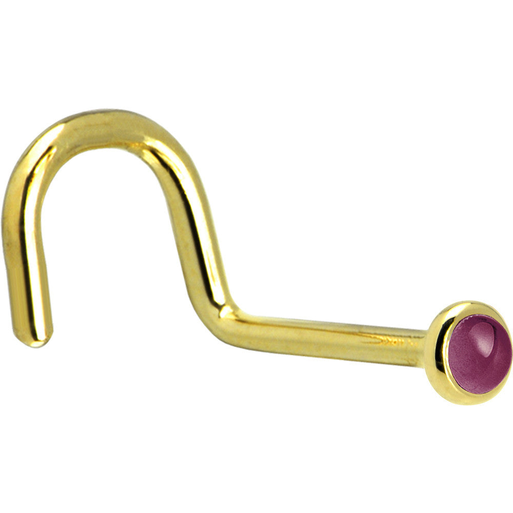BodyCandy Solid 14K Yellow Gold 2mm Genuine Raspberry Rhodolite Garnet Nose Ring — detail close-up