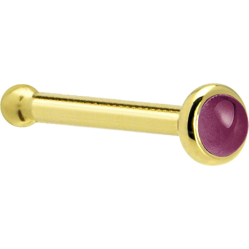 BodyCandy Solid 14K Yellow Gold 2mm Genuine Raspberry Rhodolite Garnet Nose Ring — side view