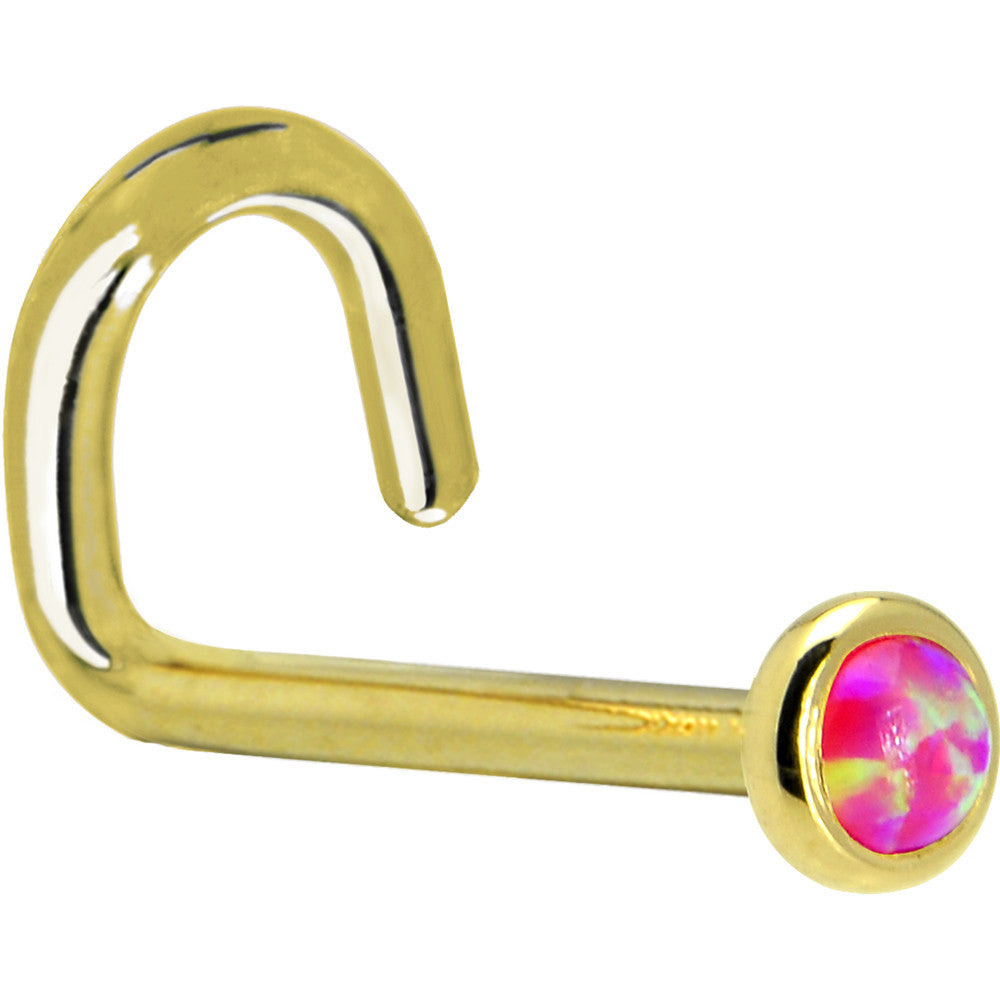 BodyCandy Solid 14K Yellow Gold 2mm Brilliant Pink Synthetic Opal Nose Ring — back view